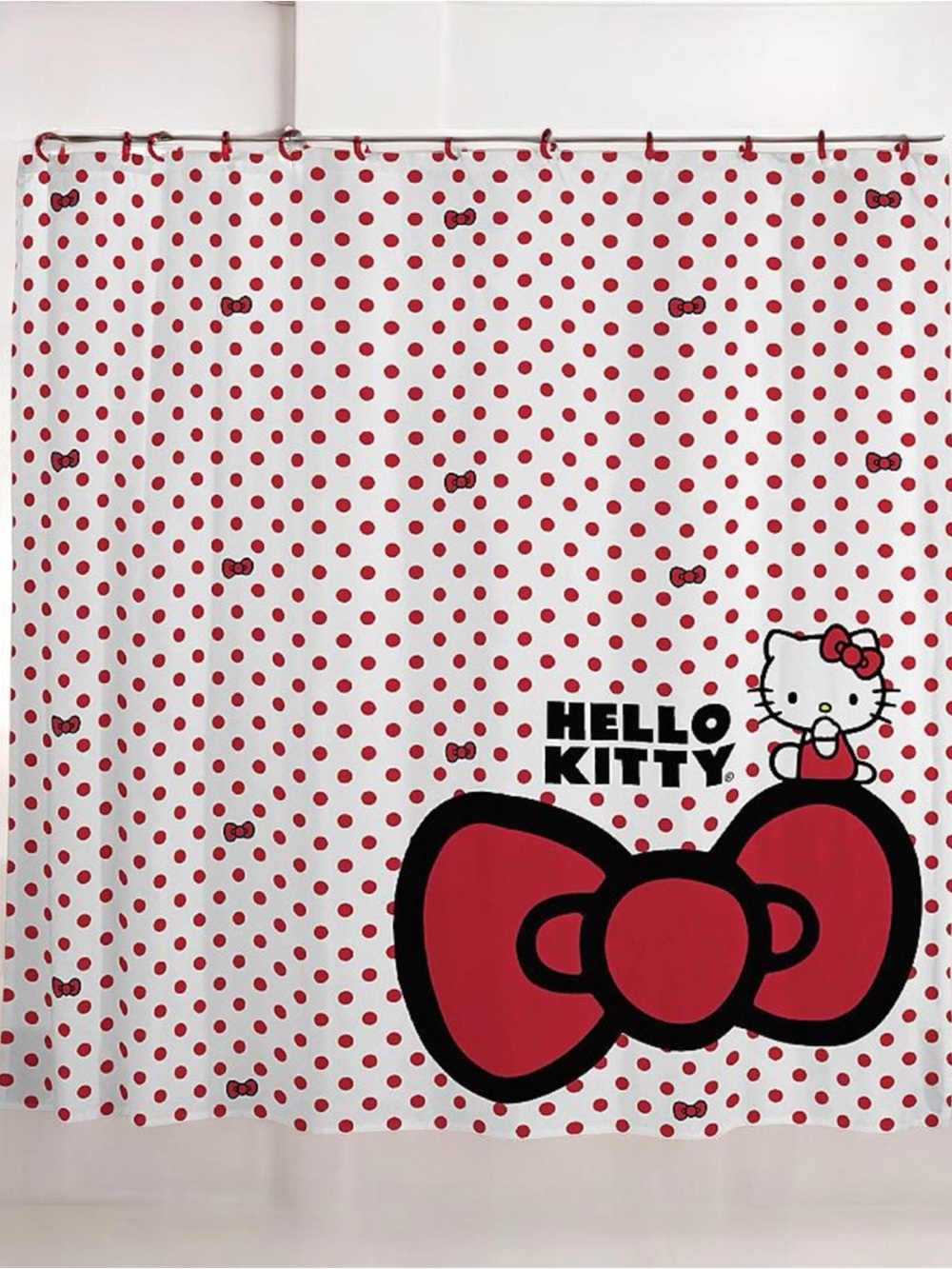 Hello Kitty White Shower Curtain with Red Polka Dots